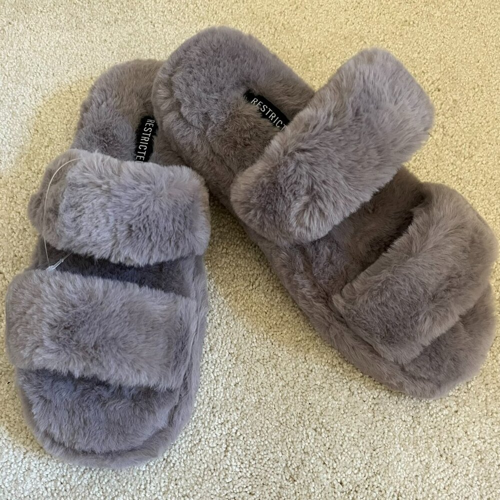 Restricted Gray Faux Fur Slippers